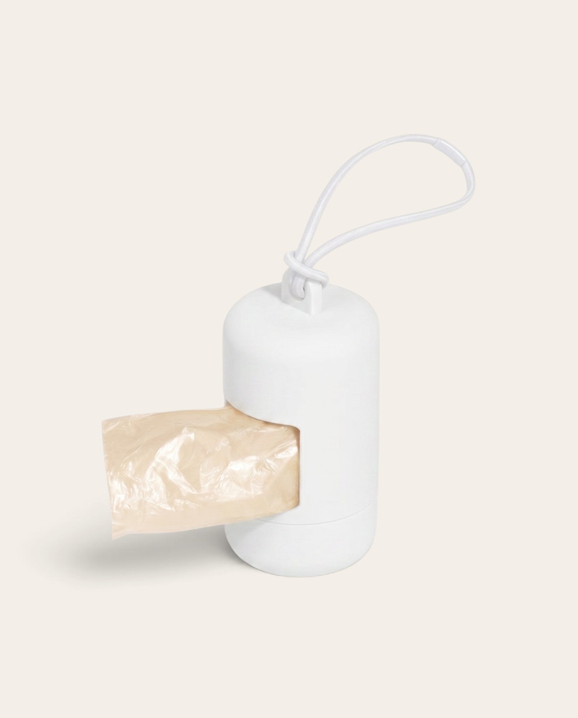 Dispensador de bolsas para excrementos FURRY MUSE en color perla con cierre elástico impermeable y diseño minimalista