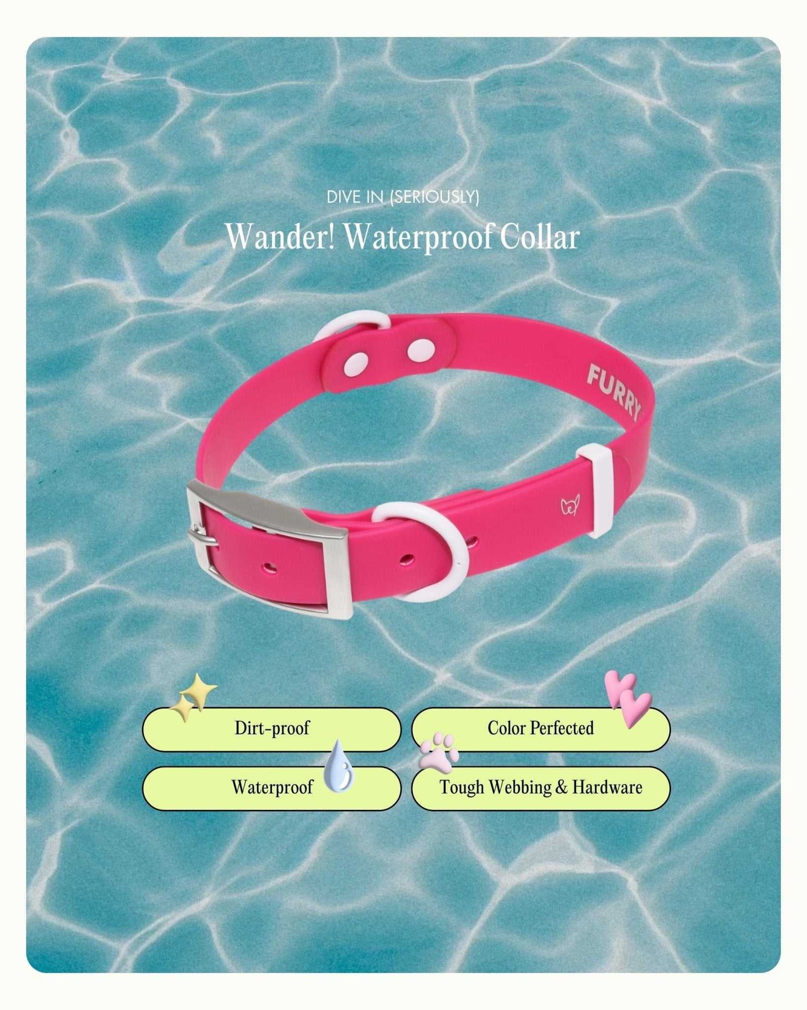 Wander! Waterproof Collar - Bubblegum - FURRY MUSE WAN-COL-S-MA
