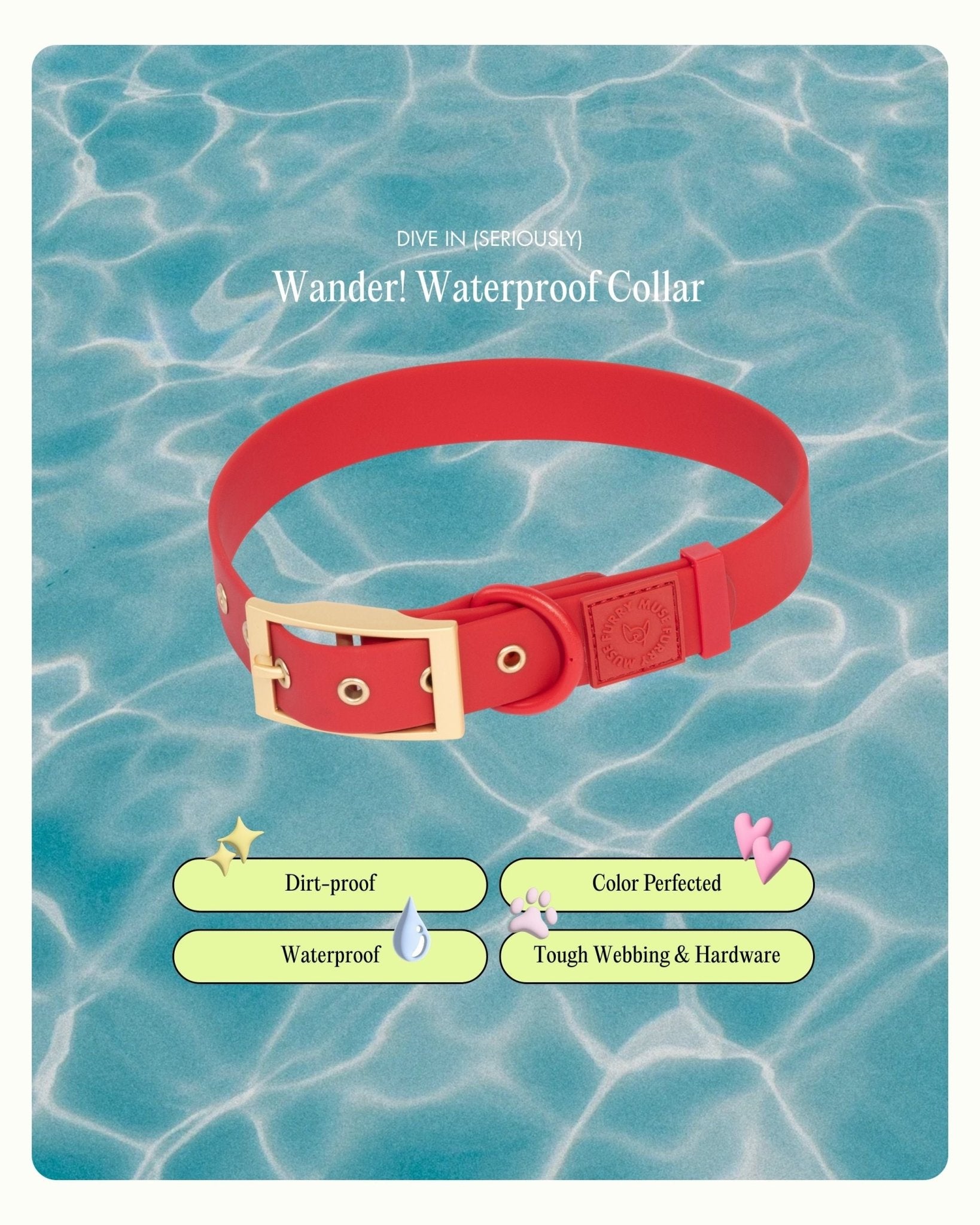 Wander! Waterproof Collar - Cherry - FURRY MUSE WAN-COL-S-RD